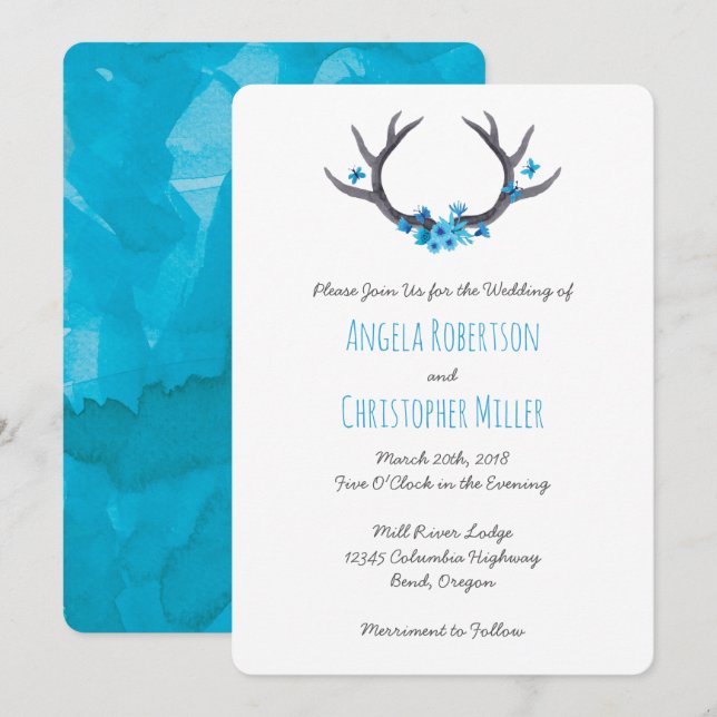 Country Antlers Blue Wedding Invitation (Front/Back)