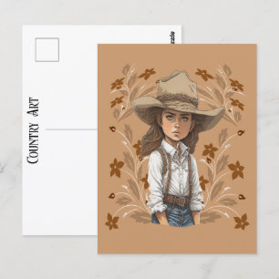 Country Art Cowgirl Cowboy Hat Pose With Flowers Postcard