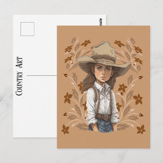Country Art Cowgirl Cowboy Hat Pose With Flowers Postcard (Front/Back)