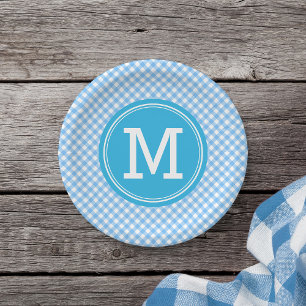 Country Baby Blue Gingham Personalise Monogram Paper Plate