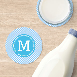 Country Baby Blue Gingham Personalise Monogram Round Paper Coaster