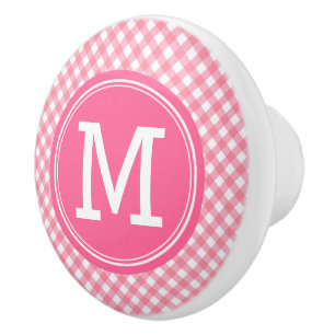 Country Baby Pink Gingham Personalise Monogram Ceramic Knob