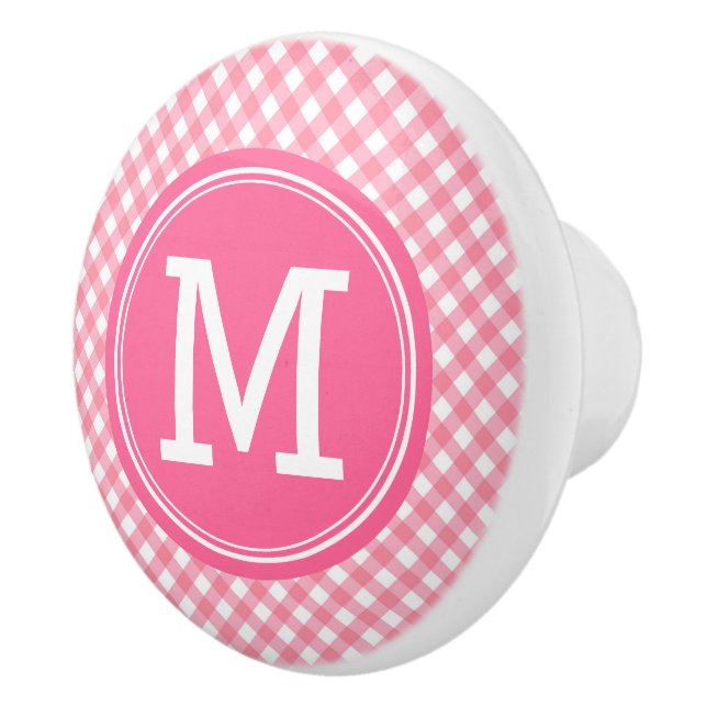 Country Baby Pink Gingham Personalise Monogram Ceramic Knob (Right)