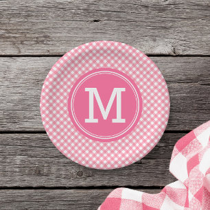 Country Baby Pink Gingham Personalise Monogram Paper Plate