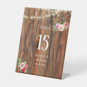 Country Backyard Wood Wheel Horseshoe Table Number Pedestal Sign