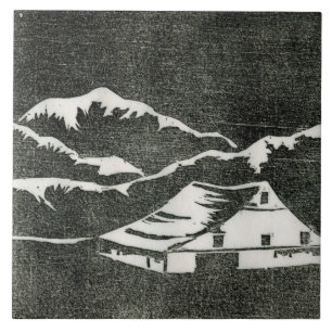 Country barn in white on black background print tile