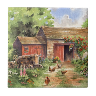 "Country Barn" Rustic Barnyard Scene Tile
