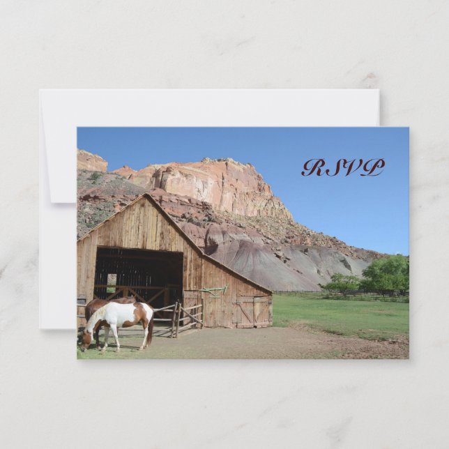 Country Barn Stable Horses Wedding RSVP Cards (Front)