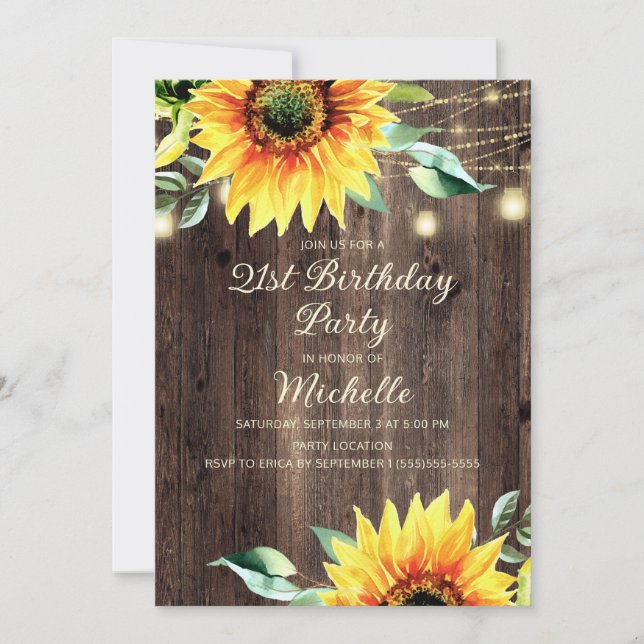 Country Barn String Lights Sunflower 21st Birthday Invitation (Front)