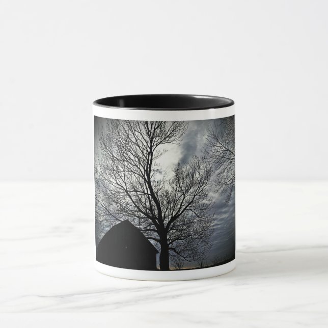 Country Barn w/Sky & Bare Trees Black & White Mug (Center)