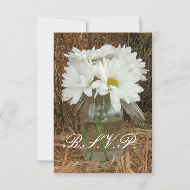 Country / Barn Wedding RSVP - Daisies in Mason Jar Card (Front)