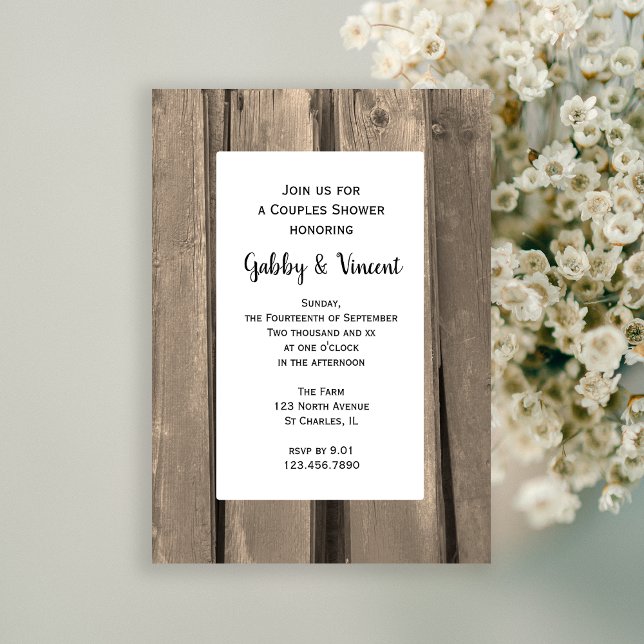 Country Barn Wood Couples Wedding Shower Invitation (Add a rustic flair to your barn party Couples Shower with this charming invitation.)