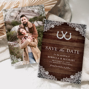 Country Barn Wood Horseshoe Lace Photo Wedding Save The Date