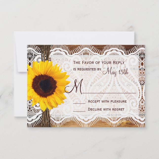 Country Barn Wood Lace Sunflower Wedding RSVP Card (Front)