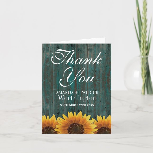 Country Barn Wood Rustic Sunflower Thank You Cards (Front)