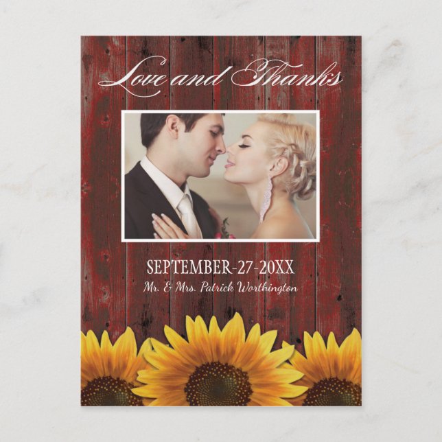 Country Barn Wood Rustic Sunflower Thank You Cards (Front)