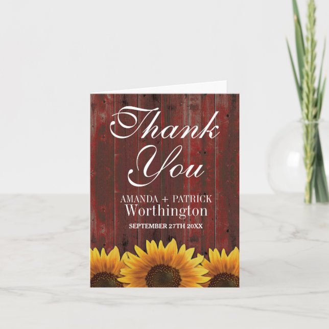 Country Barn Wood Rustic Sunflower Thank You Cards (Front)