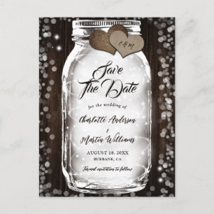 Country Barn Wood String Lights Mason Jar Wedding Announcement Postcard