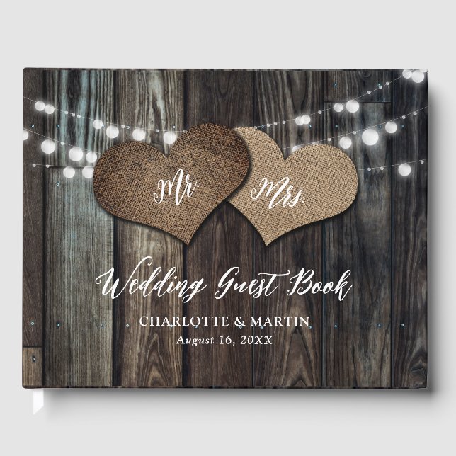 Country Barn Wood String Lights Mr. & Mrs. Wedding Guest Book (Front)