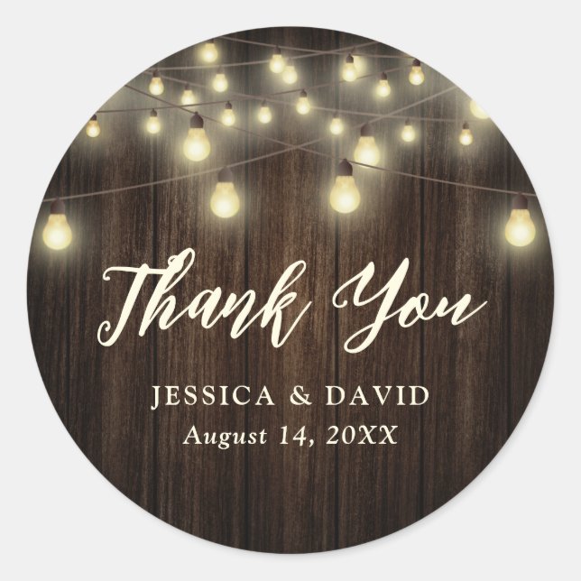Country Barn Wood String Lights Wedding Thank You Classic Round Sticker (Front)