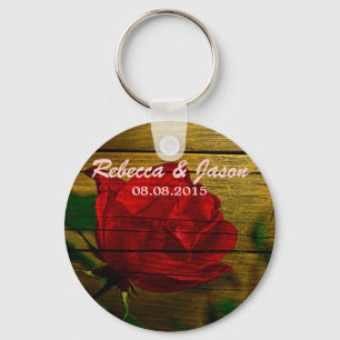 country barn wood summer red rose wedding key ring