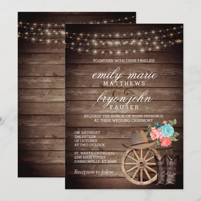 Country Barrel Wedding with Teal and Coral Floral  Invitation (Front/Back)