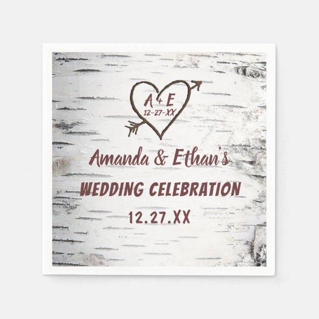 Country Birch Tree Bark Heart Arrow Rustic Wedding Napkin (Front)