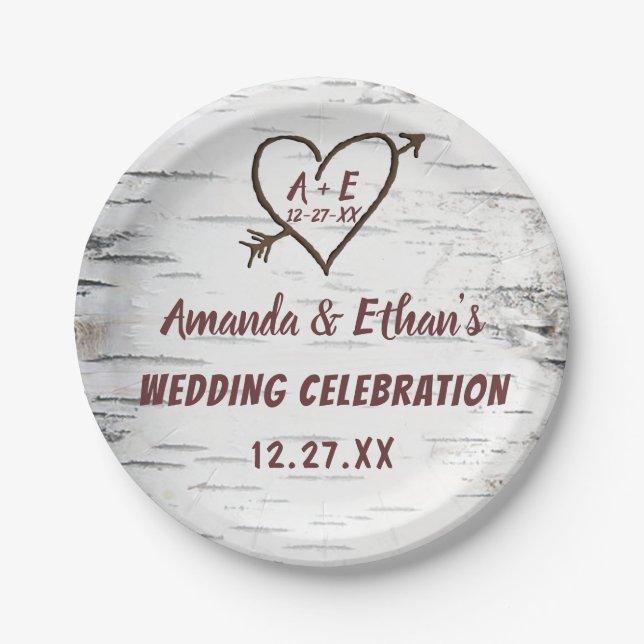 Country Birch Tree Bark Heart Arrow Rustic Wedding Paper Plate (Front)