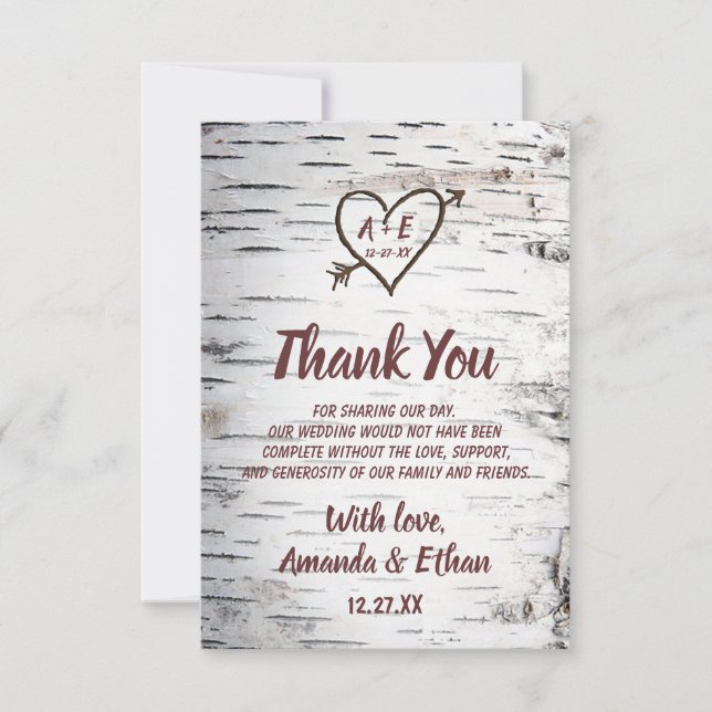 Country Birch Tree Bark Heart Arrow Rustic Wedding Thank You Card (Front)