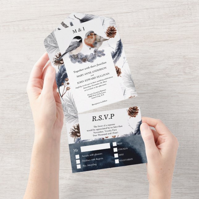 Country bird pine cone fall wedding all in one inv invitation (Tearaway)