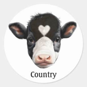 Country Black and White Cow Face Classic Round Sticker
