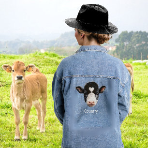 Country Black and White Cow Face Denim Jacket