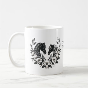 Country Black and White Horses and Flowers Coffee Mug