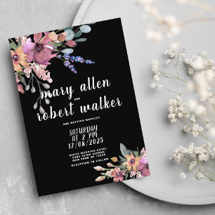 Country black pink lavender green floral wedding invitation