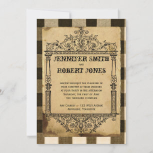 Country Black Sepia Checks Wedding Invitation