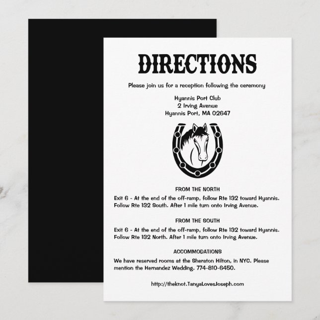 Country Black Wedding Directions Horse Horseshoe Invitation (Front/Back)