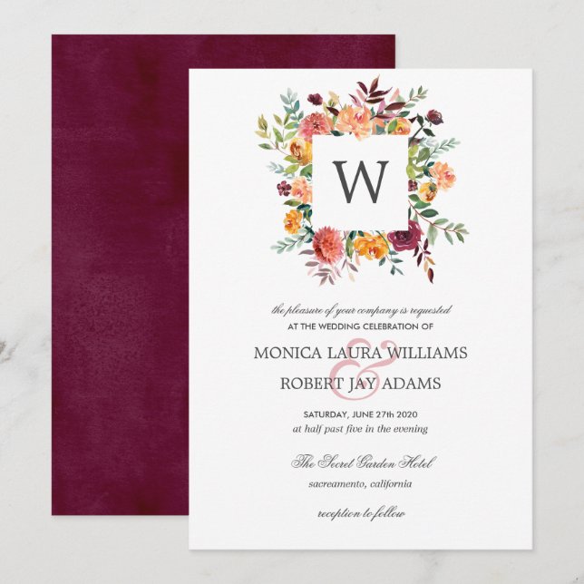 Country Bloom Autum Colours Floral Monogram Weddin Invitation (Front/Back)