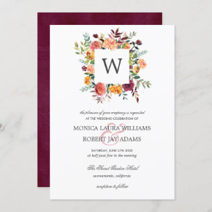 Country Bloom Autum Colours Floral Monogram Weddin Invitation