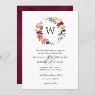 Country Bloom Autum Floral Wreath Monogram Wedding Invitation
