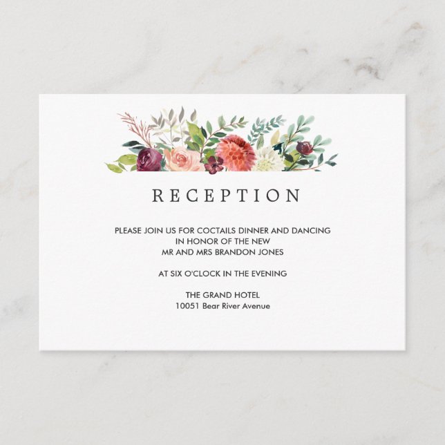 Country Bloom  Autumn WEDDING  Reception Enclosure Card (Front)