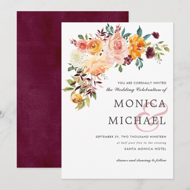 Country Bloom Burgundy Floral corner Chic Wedding Invitation (Front/Back)