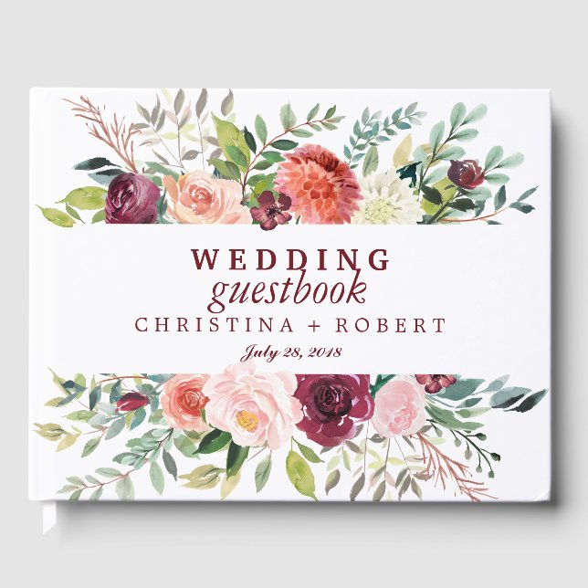 Country Bloom Burgundy Wedding Personalised Flower Guest Book (Front)