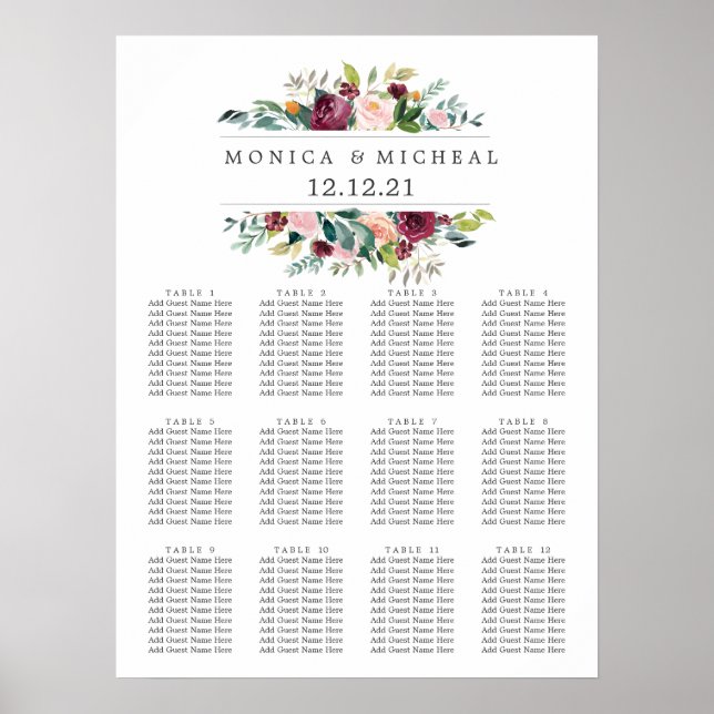 Country Bloom Fall Flower Wedding Seating Chart (Front)