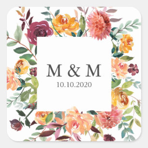 Country Bloom Frame Floral Chic Wedding Monogram Square Sticker