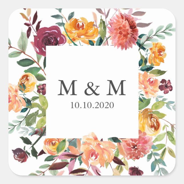 Country Bloom Frame Floral Chic Wedding  Monogram Square Sticker (Front)