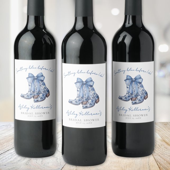 Country Blue Bow Cowboy Bridal Shower Wine Label (Country Blue Bow Cowboy Bridal Shower Wine Label )