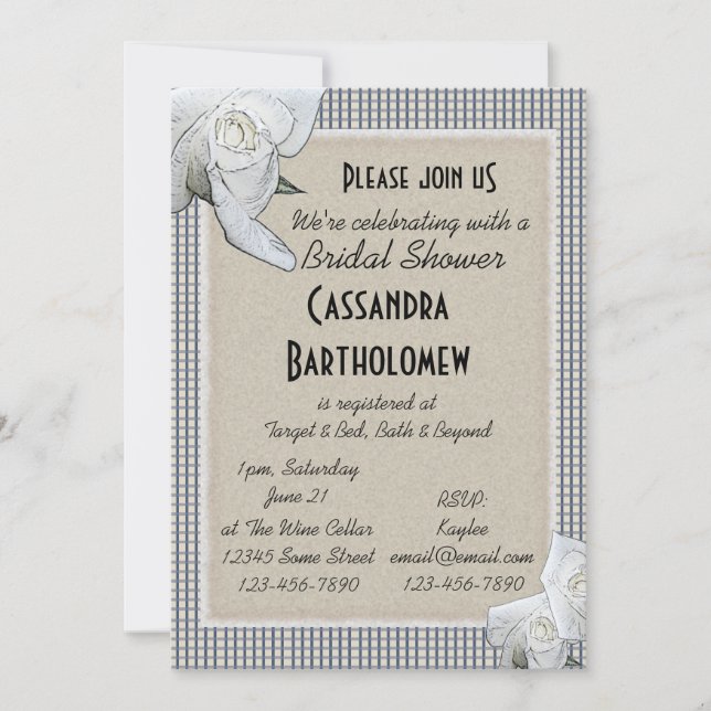 Country Blue Checks White Roses Bridal Shower Invitation (Front)