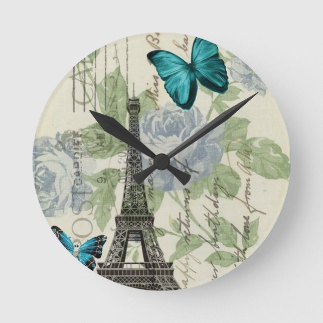 Country Blue floral butterfly paris eiffel tower Round Clock (Front)