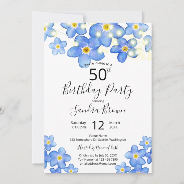 Country Blue Forget-Me-Nots Birthday Party Invitation (Front)