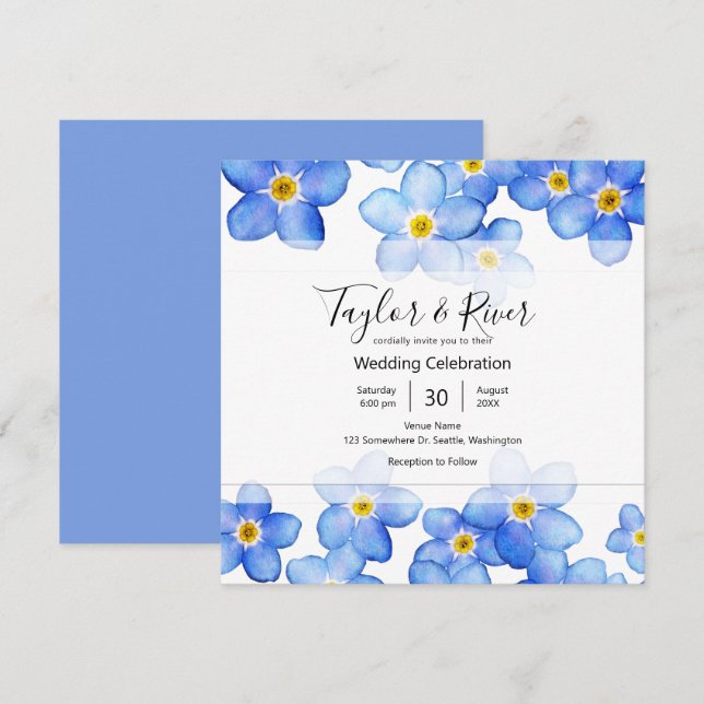 Country Blue Forget-Me-Nots Wedding Invitation (Front/Back)